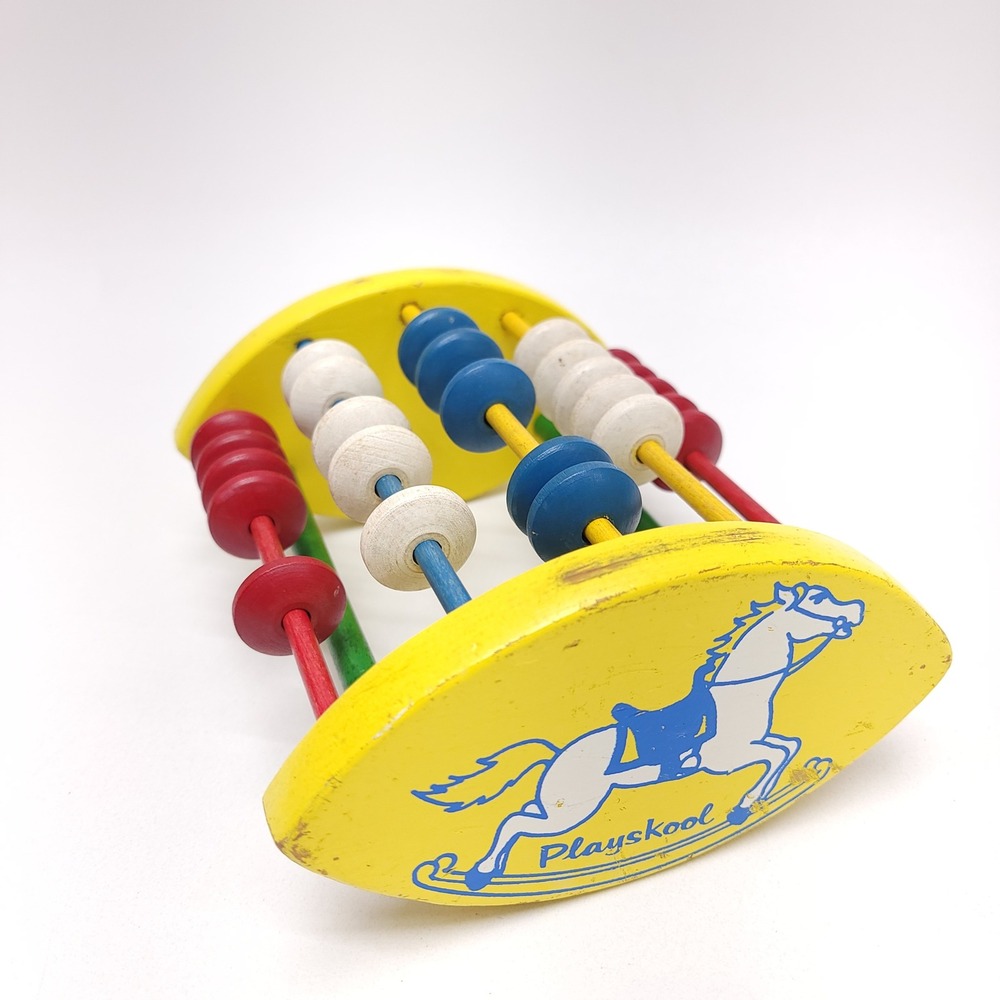 Vintage Playskool Wooden Abacus‎ Rocking Horse Learning Toy Yellow Red Blue